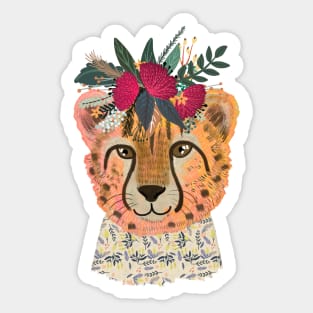 Cute Cheetah with flowers on head, wild animal with floral crown in the jungle Sticker